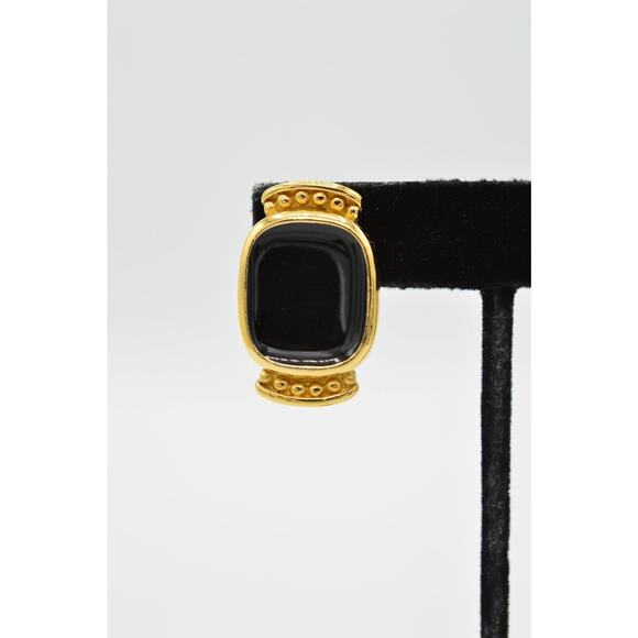 Givenchy Vintage Clip On Earrings Black Enamel Gold Tone Runway Signed 1980s 9I - Picture 6 of 9